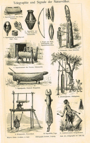 Meyer's Lexicon - 1913 - "TELEGRAPHY AND SIGNALS OF THE NATIVES" -  Lithograph