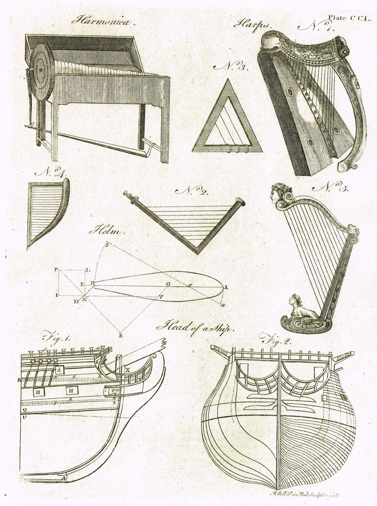 Encyclopedia Britannica - 1771 - "HARPS" - Plate CCL - Copper Engraving