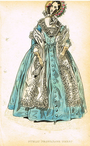 Lady's Cabinet Fashion Print - c1840 - "PUBLIC PROMENADE DRESS" - Hand-Colored Copper Engraving