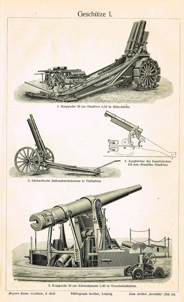 Military Print - Meyers Lexicon's  "GESCHUTZE" - Lithograph - 1913