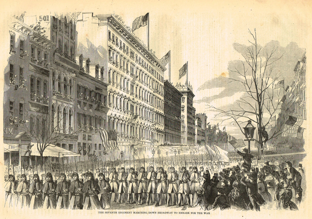 Harper's History - 1862 "7th REGIMENT MARCHING DOWN BROADWAY" - Lithograph
