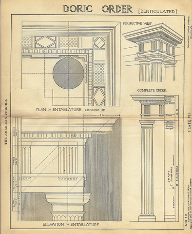 American Vignola Architecture - "DORIC ORDER (Denticulated) - Plate VII" - Lithograph  - 1902 - Sandtique-Rare-Prints and Maps