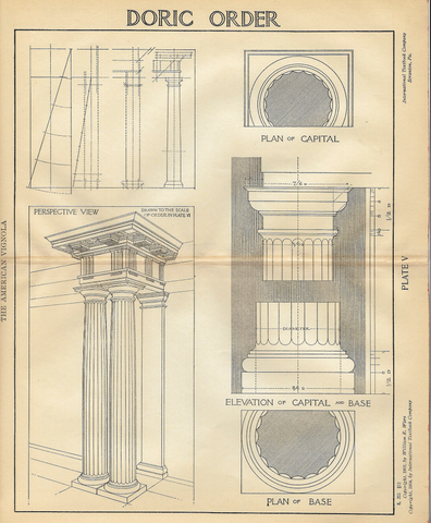 American Vignola Architecture - "DORIC ORDER - Plate V" - Lithograph  - 1902 - Sandtique-Rare-Prints and Maps
