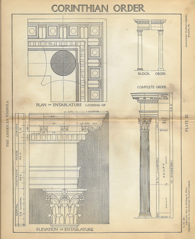 American Vignola Architecture - "CORINTHIAN ORDER - Plate XI" - Lithograph  - 1902 - Sandtique-Rare-Prints and Maps