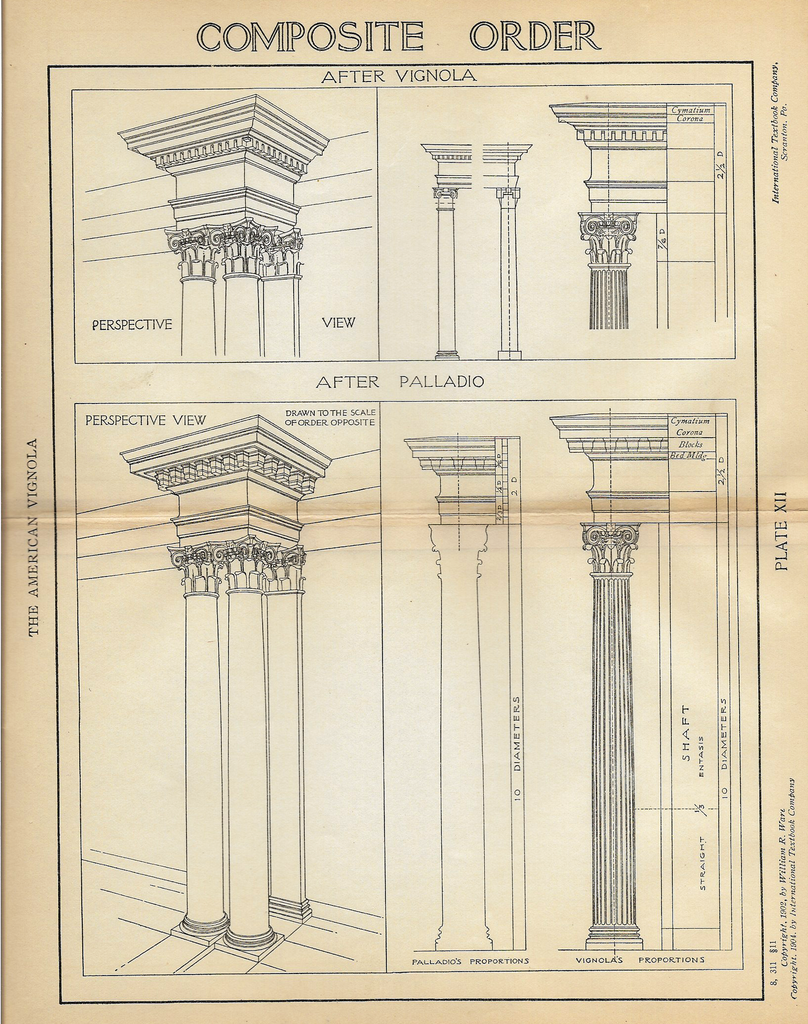 American Vignola Architecture - "COMPOSITE ORDER - Plate XII" - Lithograph  - 1902 - Sandtique-Rare-Prints and Maps