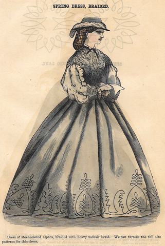 Godey's Fashion Plate - c1860 - "SPRING DRESS, BRAIDED" -  H-C Lithograph