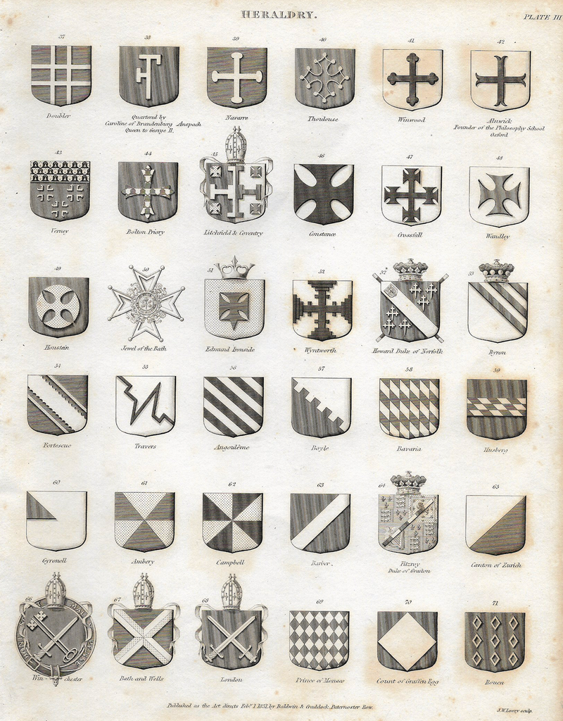Rees's Heraldry  - 1831  - "NAVARRE, WANDLEY, BYRON" - Steel Engraving