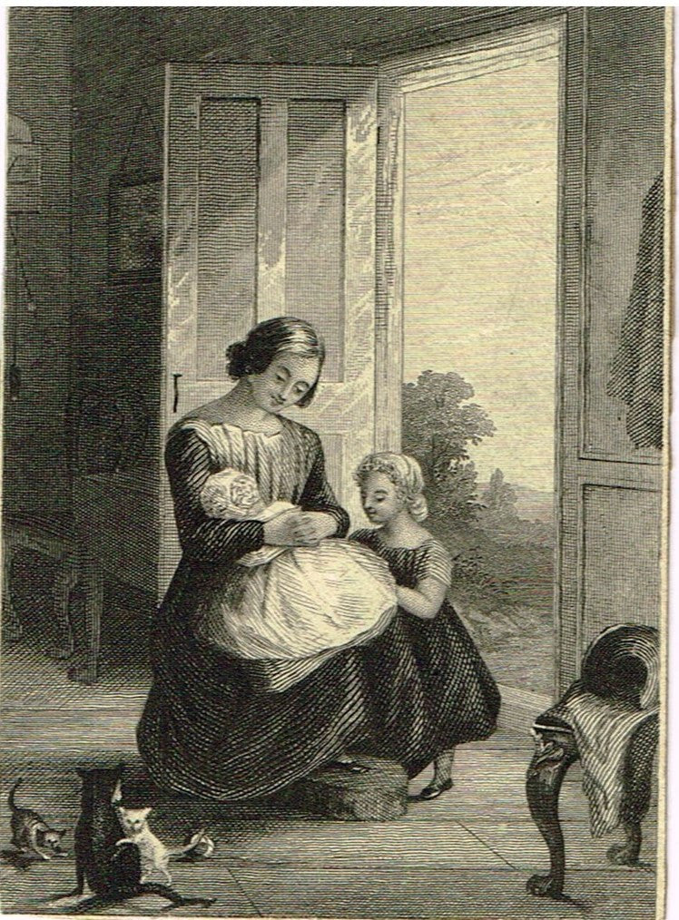 Misc. Miniature GENRE Print - "MOTHER WITH CHILDREN & CATS" - Steel Engraving - c1830