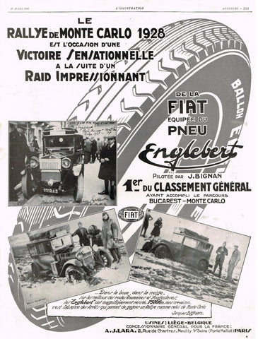 Antique Magazine Advertising -  "FIAT DU PNEU ENGLEBERT" - Ephemera - 1928
