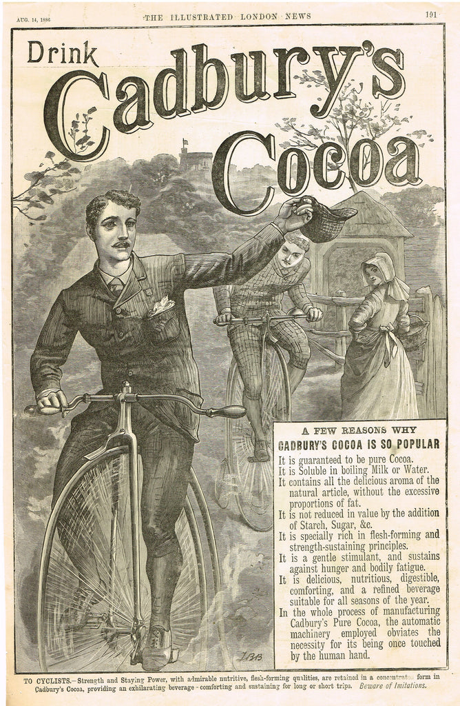 Antique Magazine Advertising -  "CADBURY'S COCOA - BIKE" - Ephemera - 1886