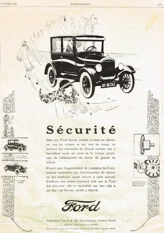 Antique Magazine Advertising -  "FORD - SECURITE" - Ephemera - 1926