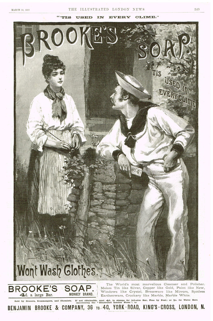 Antique Magazine Advertising -  "BROOKE'S SOAP" - Ephemera - 1892