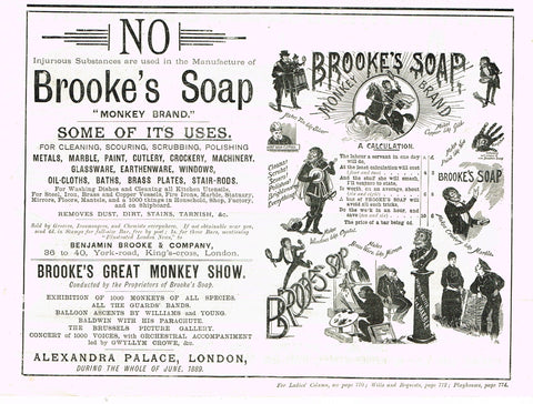Antique Magazine Advertisment -  "USES OF BROOK'S SOAP" - Ephemera - c1890