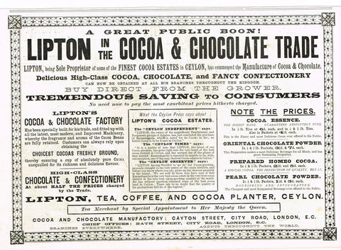 Antique Magazine Advertisment -  "LIPTON'S COCOA" - Ephemera - c1890