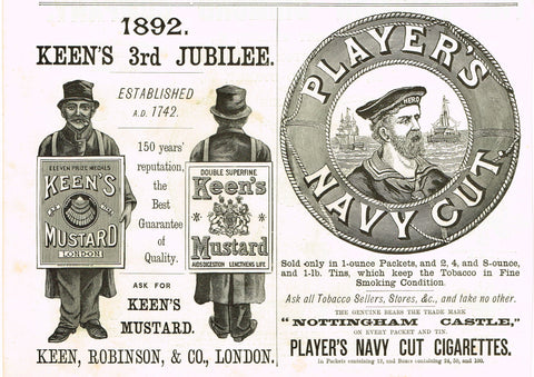 Antique Magazine Advertisment -  "PLAYER'S NAVY CUT" - Ephemera - 1892