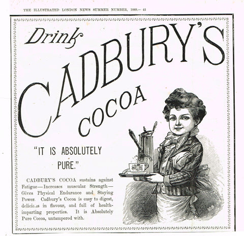 Antique Magazine Advertisment -  "CADBURY'S COCOA" - Ephemera - 1889