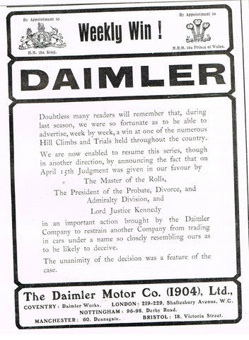 Antique Magazine Advertisment -  "DAIMLER CARS" - Ephemera - c1900