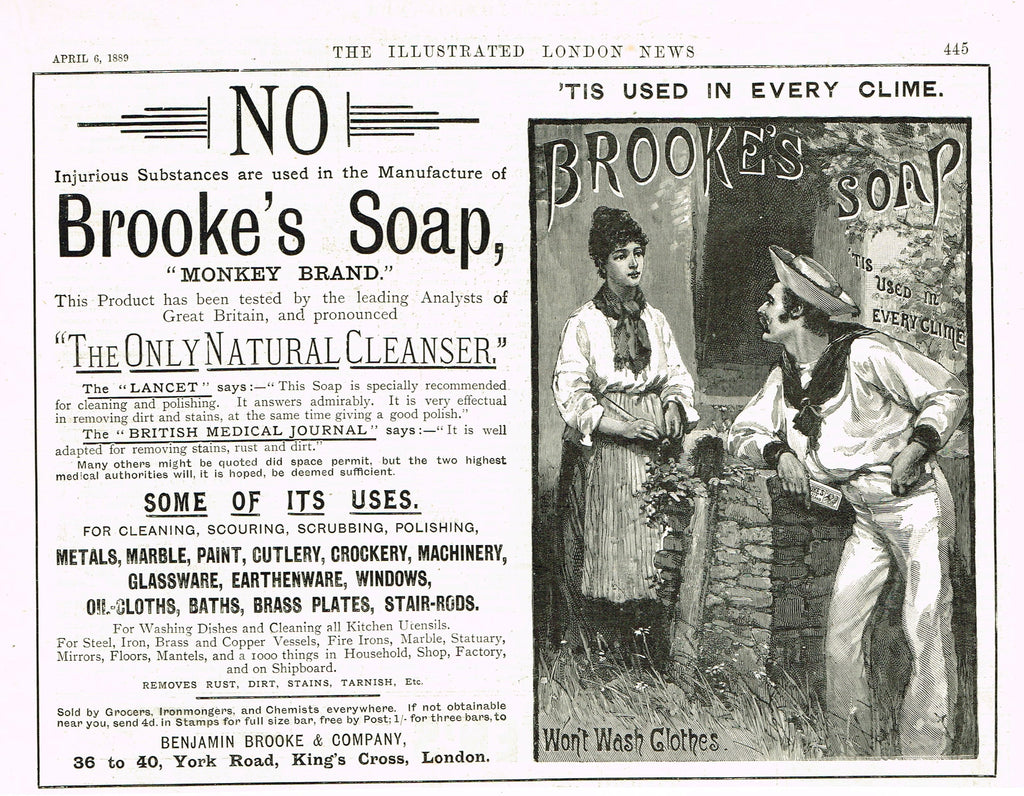 Antique Magazine Advertisment -  "MONKEY BRAND SOAP" - Ephemera - 1889