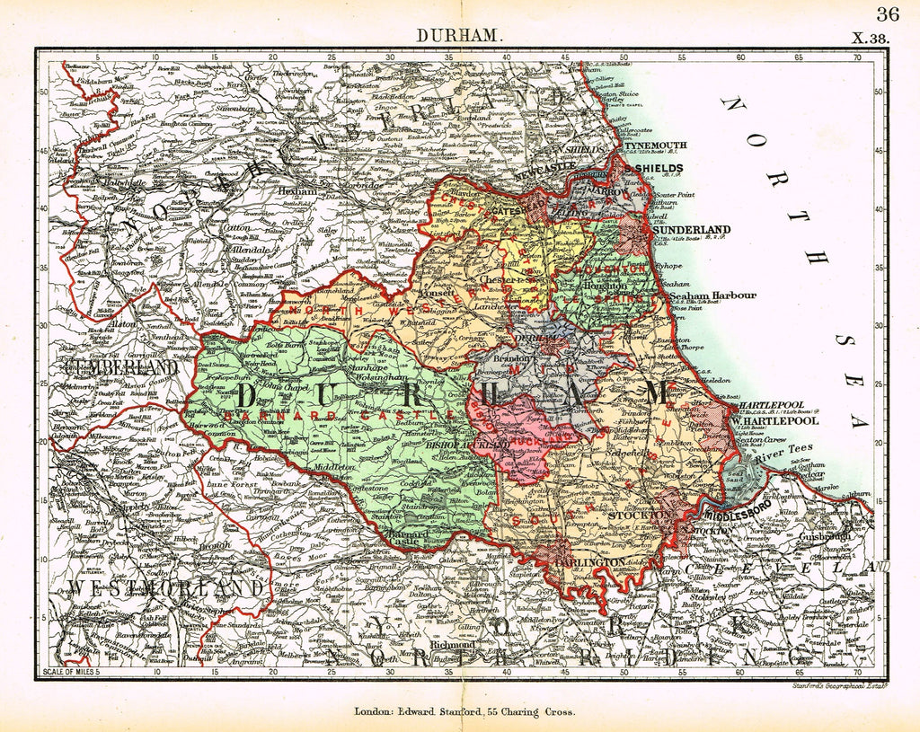 Stanford's G.B. County Map - "DURHAM" - Chromo - 1885