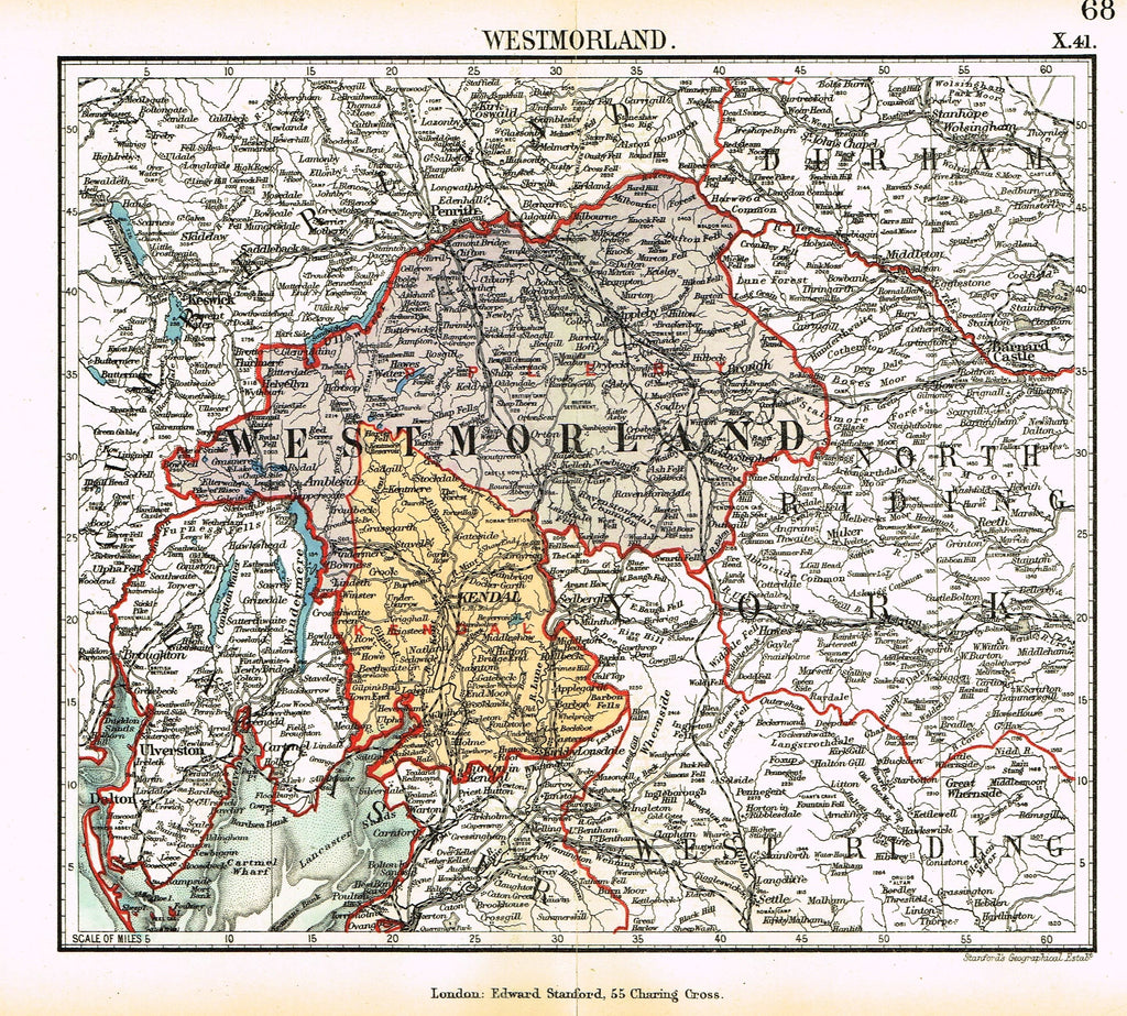 Stanford's G.B. County Map - "WESTMORLAND" - Chromo - 1885