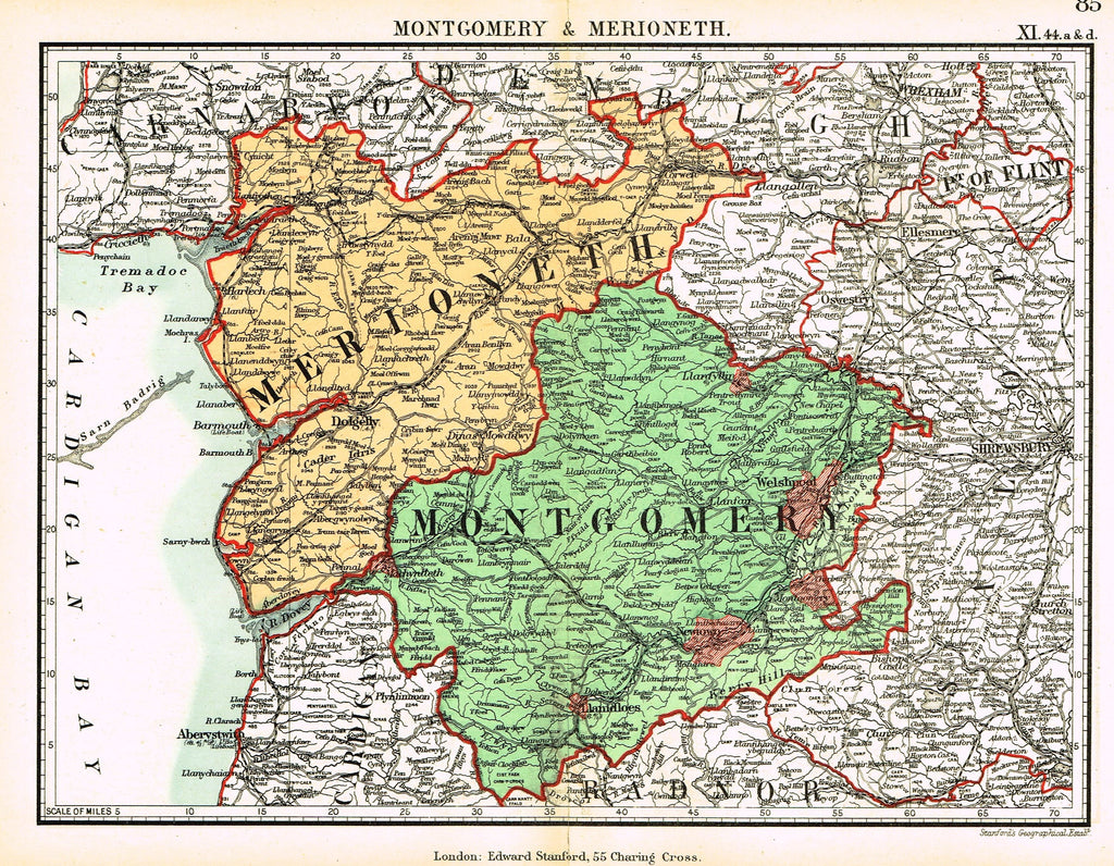 Stanford's G.B. County Map - "MONTGOMERY & MERIONETH" - Chromo - 1885