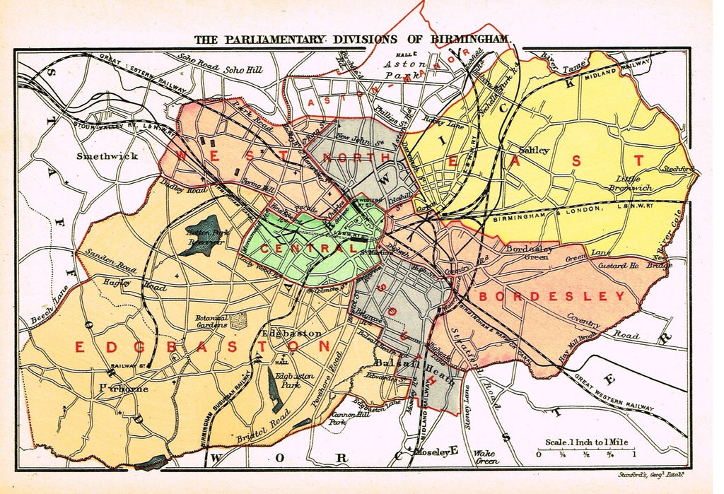 Stanford's G.B. County Map - "BIRMINGHAM" - Chromo - 1885