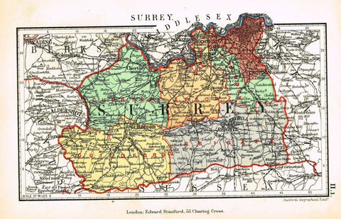 Stanford's G.B. County Map - "SURREY" - Chromo - 1885