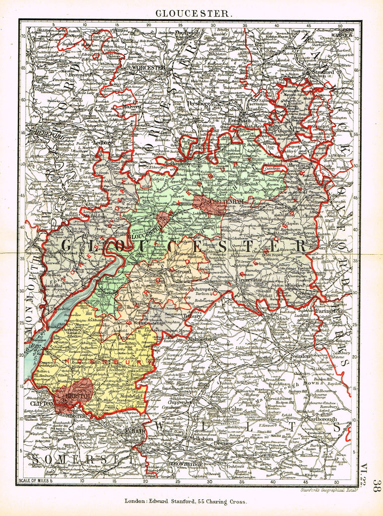 Stanford's G.B. County Map - "GLOUCESTER" - Chromo - 1885