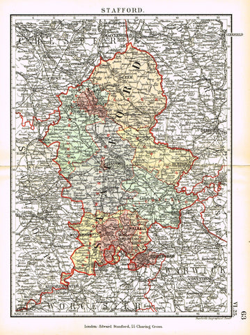 Stanford's G.B. County Map - "STAFFORD" - Chromo - 1885