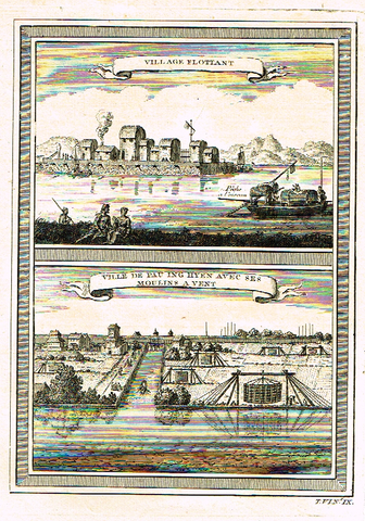 Prevost's Voyages - "VILLAGE FLOTTANT" - Antique Copper Engraving - 1751