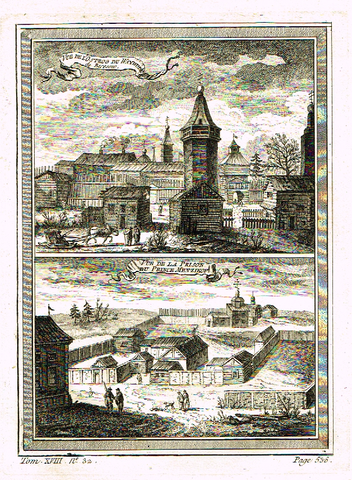 Prevost's Voyages - VUE DE LA PRISON DU PRINCE MENZIKOF - Antique Copper Engraving - 1751