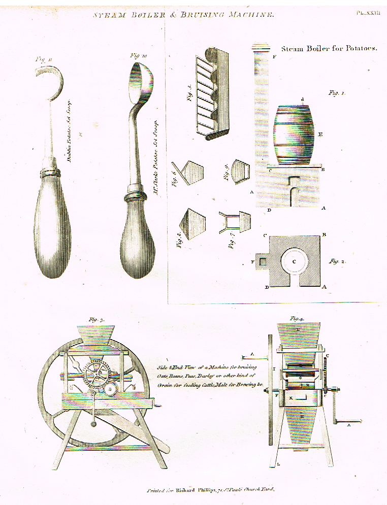 Potato Farming - "STEAM ROLLER & BRUISING MACHINE" - Engraving - 1807