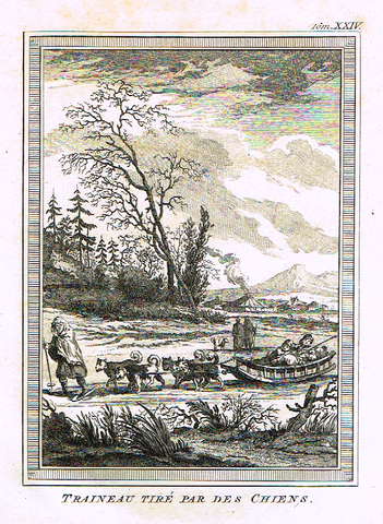 Prevost's Voyages - "TRAINEAU TIRE PAR DES CHIENS" - Antique Copper Engraving - 1751