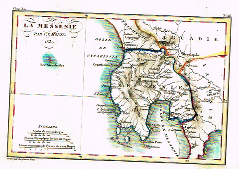 Monin Map - "LA MESSENIE"  - Hand Col'd Litho - 1830