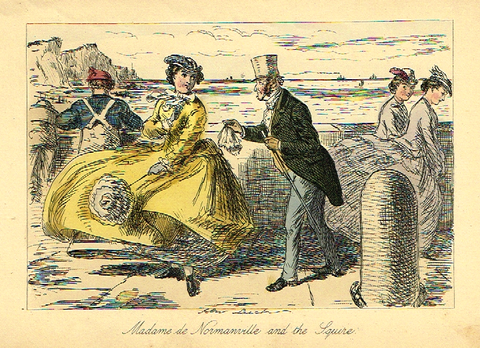 Leech's Satire Print - "MADAME DE NORMANVILLE AND THE SQUIRE" - Hand Col'd Litho - c1840