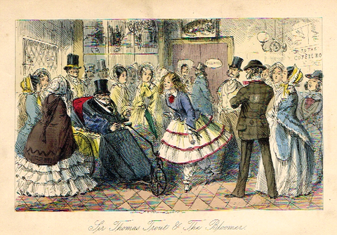 Leech's Satire Print - "SIR THOMAS TROUT & THE BLOOMER" - Hand Col'd Litho - c1840