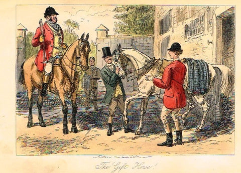 Antique John Leech Satire Print - "THE GIFT HORSE" - H. Col Litho - 1872