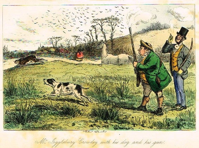 Antique John Leech Satire Print - "MR. JOGGLEBURY CROWDY WITH DOG" - H. Col Litho - 1872