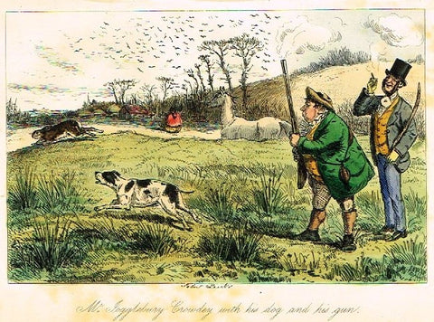 Antique John Leech Satire Print - "MR. JOGGLEBURY CROWDY WITH DOG" - H. Col Litho - 1872