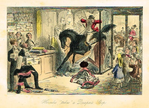Antique John Leech Satire Print - "HERCULES TAKES A DRAPER'S SHOP" - H. Col Litho - 1872
