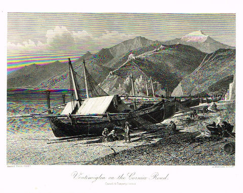 Picturesque Europe's "VENTIMIGLIA ON THE CORNICE ROAD" - Steel Engraving - 1875
