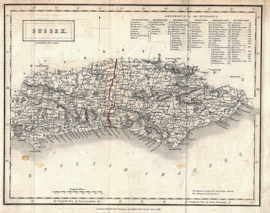 Hall's Antique Map - SUSSEX - Lithograph - 1831
