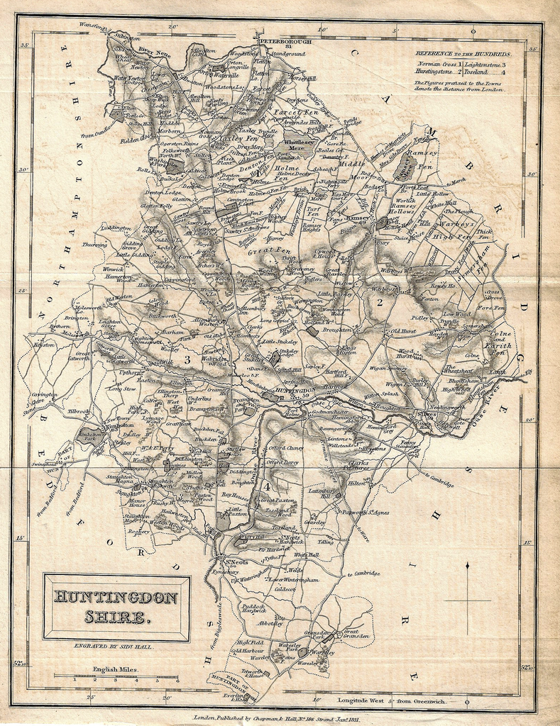 Hall's Antique Map - HUNTINGDONSHIRE - Lithograph -  1831