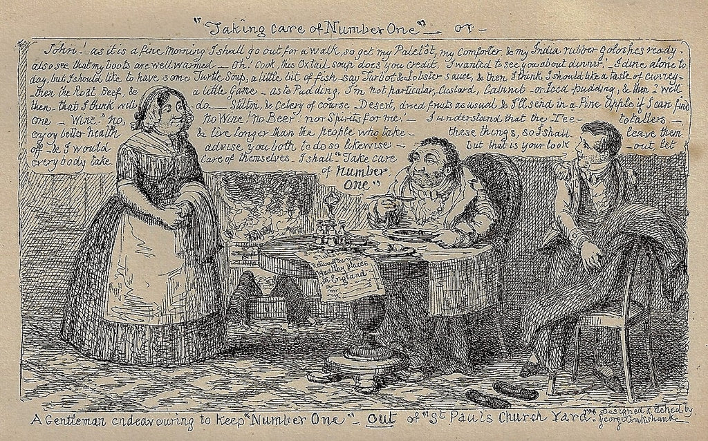 Cruickshank Engraving - "TAKING CARE OF NUMBER ONE" - Antique Print - 1841