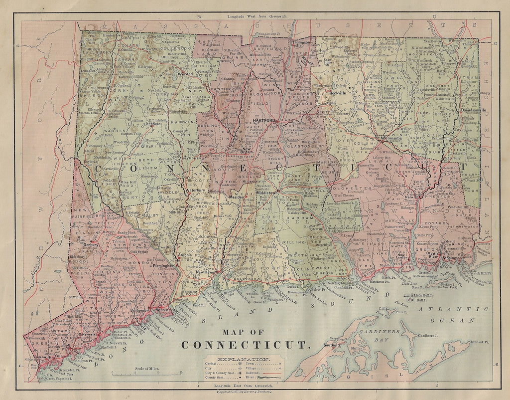 Harper's Geography Map - CONNECTICUT - Chromolithograph - 1877