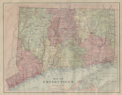 Harper's Geography Map - CONNECTICUT - Chromolithograph - 1877